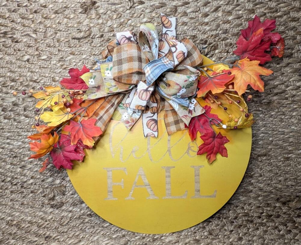 Hello Fall Leaves Sign Autumn Floral Orange Wall Door Porch Thanksgiving 18"